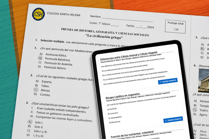 Imagen de evaluación impresa en papel y pantalla de tablet con herramienta digital deplegada.