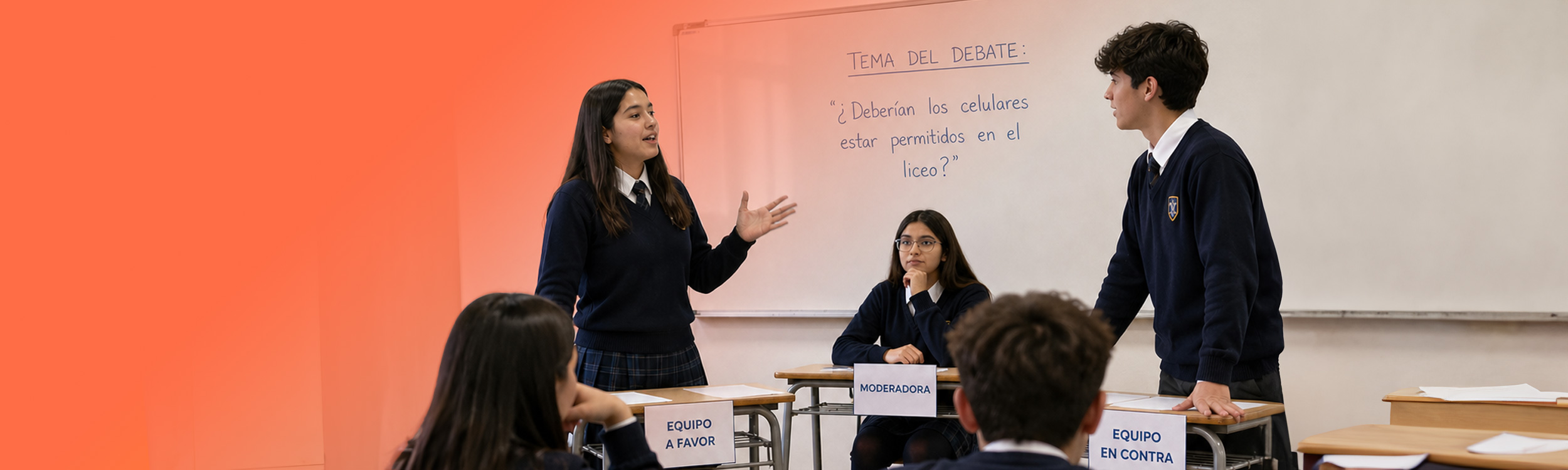 Grupo de estudiantes de educación media debatiendo en sala de clases.