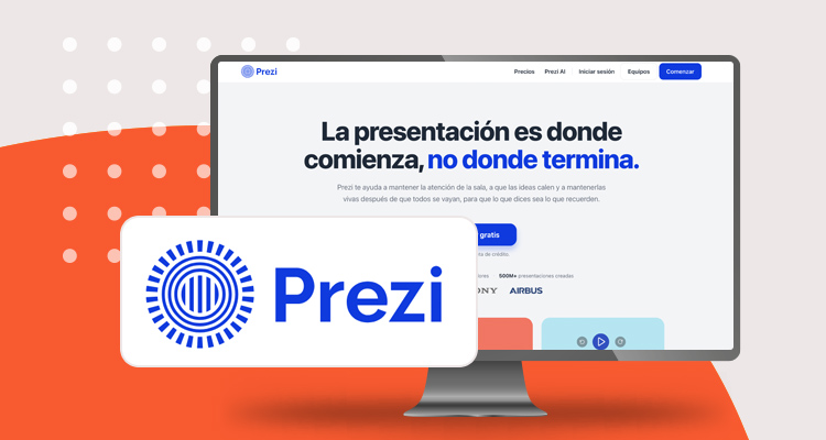 Logotipo de herramienta digital Prezi y pantallazo de su sitio web