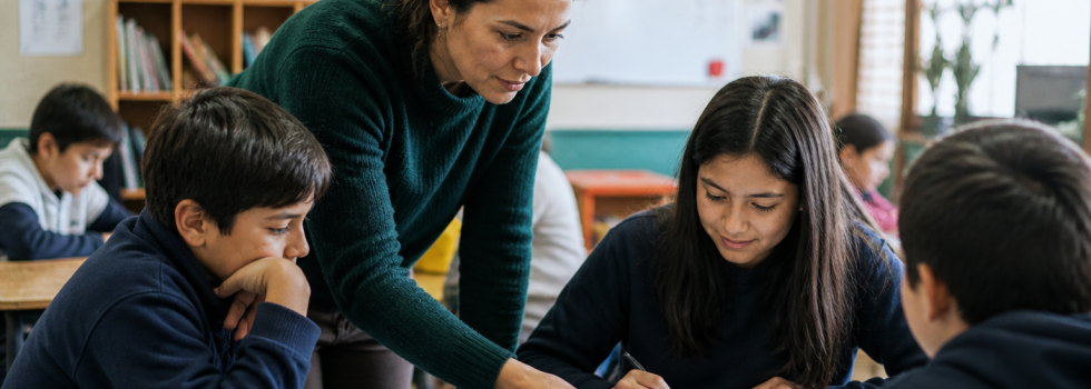 profesora enseñando en puestos de dos alumnos