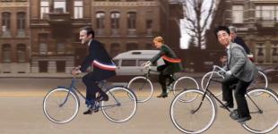 Imagen que muestra a los presidentes de Francia, China y Alemania en bicicleta.