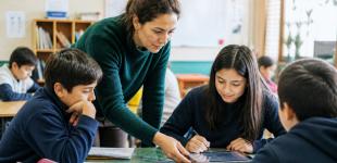 Fotografía de profesora trabajando colaborativamente con sus estudiantes.